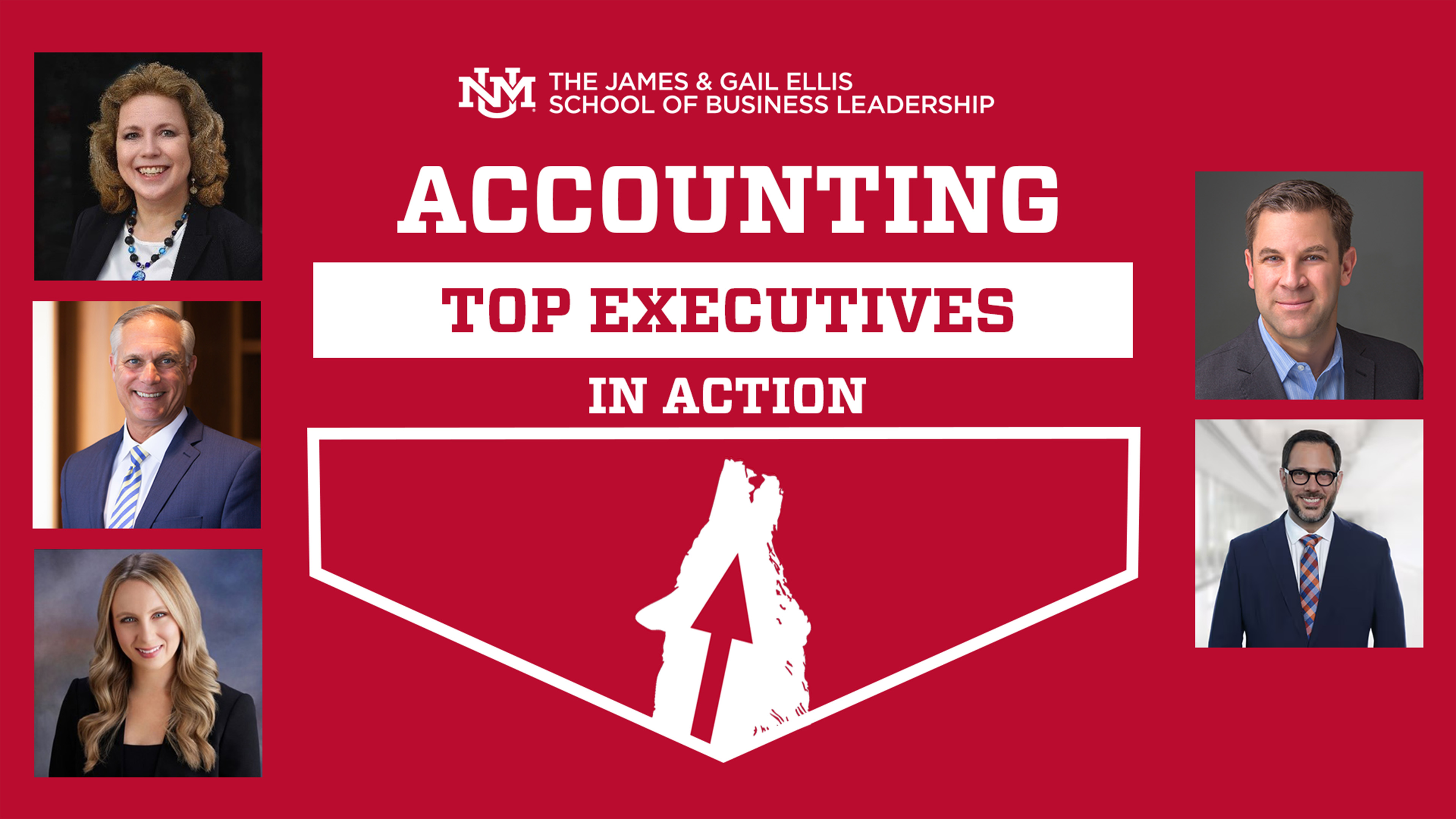 Graphic for the Accounting Top executives series featuring five headshots of five accounting alumni leaders
