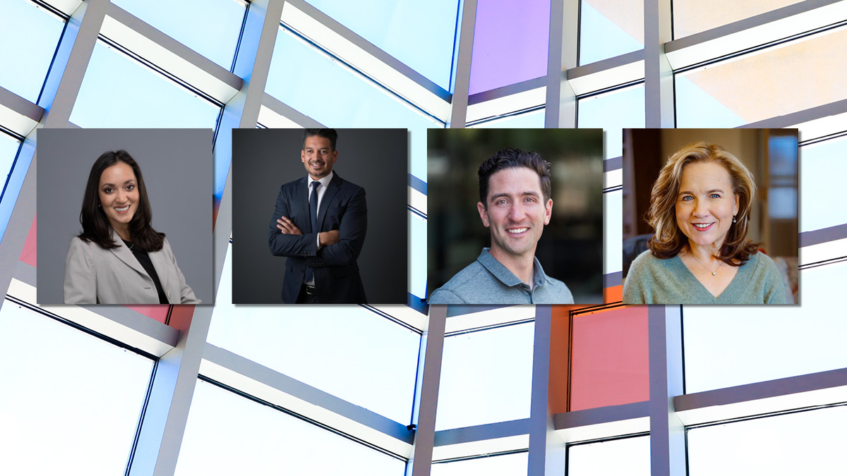 graphic with headshots of Ellis Alumni with image of windows from Jackson Student Center behind them