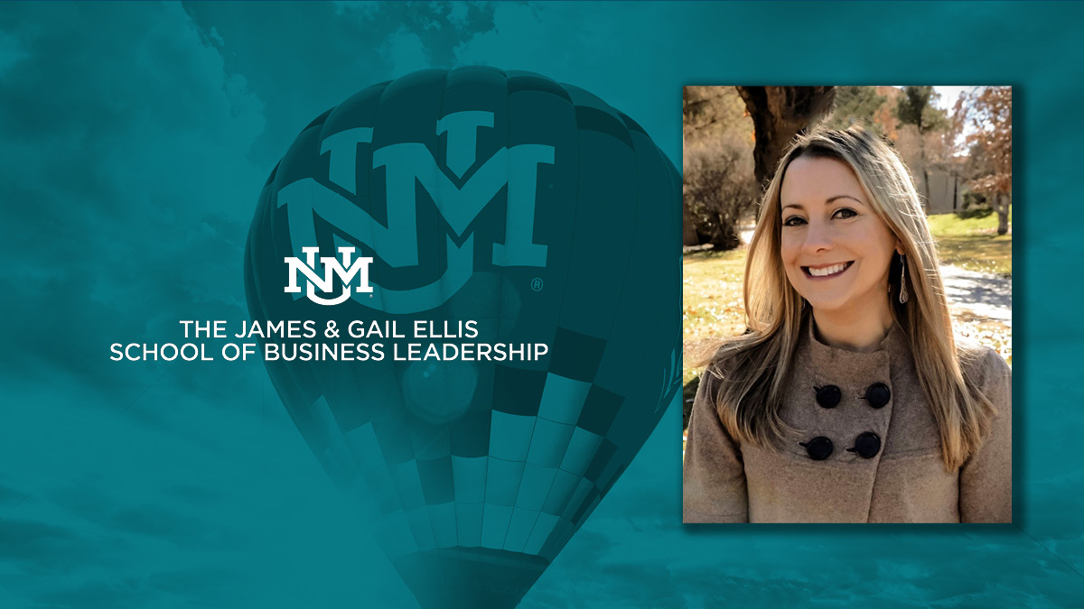 Image of Lisa Marchiondo with Ellis Logo and UNM hot air balloon in the background