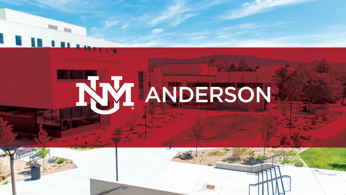 Image of McKinnon Center and Anderson School of Management building with a red overlay and the UNM Anderson logo.